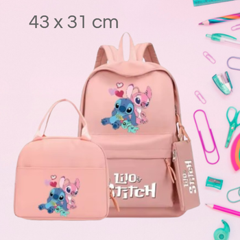 🌸 Ensemble scolaire Sac à Dos, Lunchbox et Trousse Stitch & Angel rose