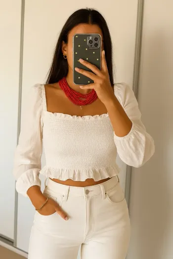 Crop top péplum froncé col carré Mango