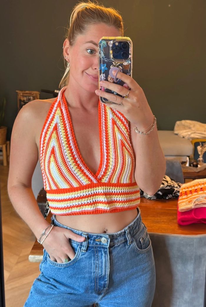 Crop top dos nu en maille brodée - Taille unique - Orange - photo numéro 2