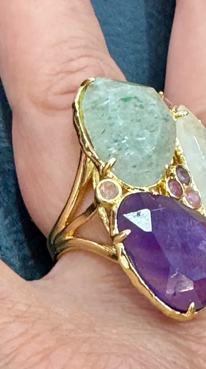 Grosse bague habaha Paris  jade vert améthyste quartz acier inoxydable or réglable - photo numéro 3