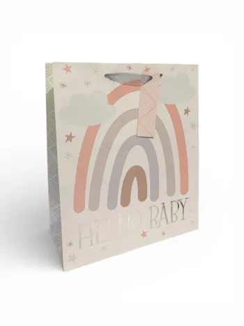 Sac cadeau motif arc-en-ciel « Bonjour bébé » – 25 × 30 × 12,5 cm Neuf