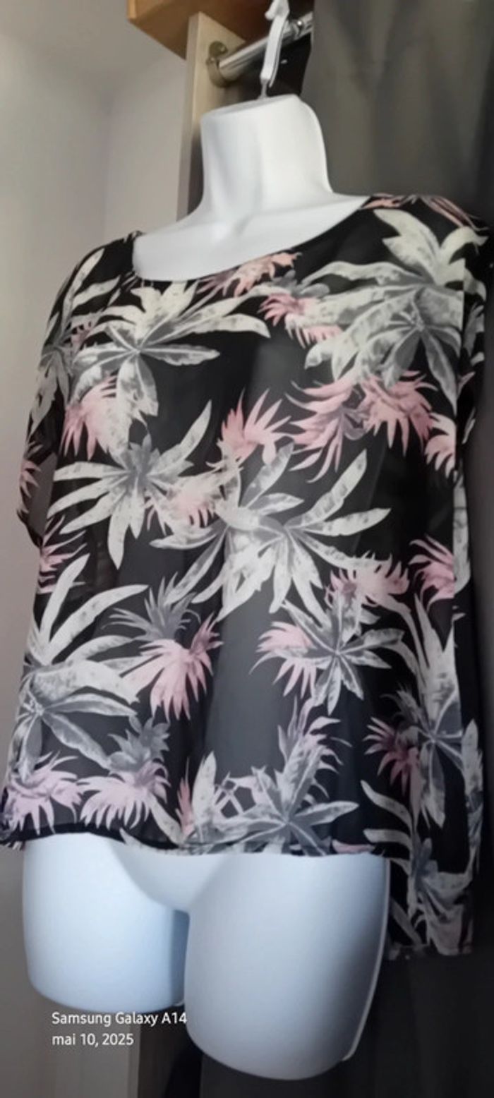 Blouse oversize en voile motif fleurs tropicales noir femme M amisu - photo numéro 10
