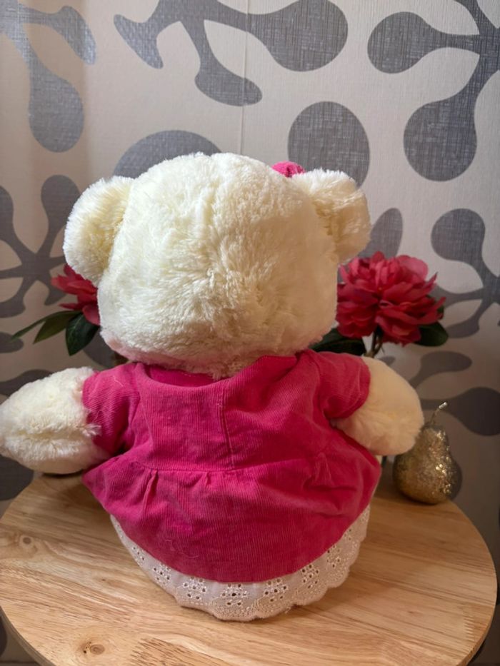 🌺Peluche ours blanc crème avec robe et noeud papillon rose🌺 - photo numéro 7