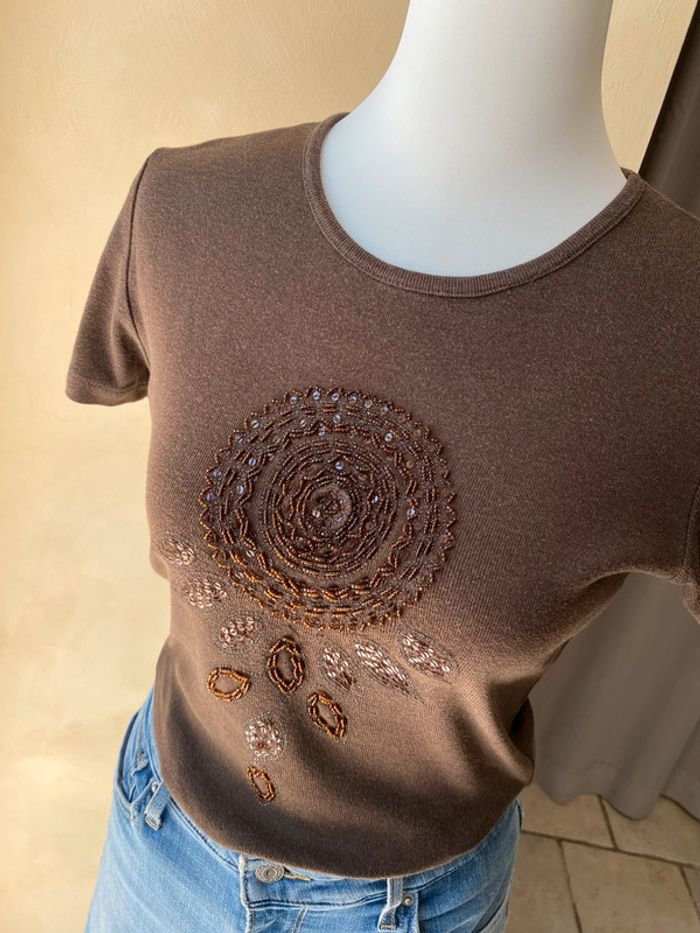 T-shirt marron brodé de perles vintage M - photo numéro 3