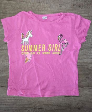 T Shirt été manches courtes rose avec licorne et flamand rose 98/104 3 ans