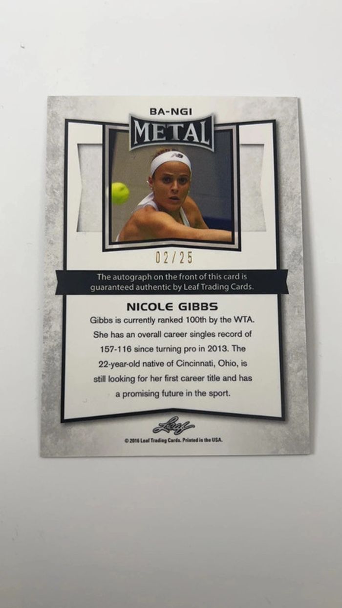 Nicole Gibbs BA-NGI signed autograph auto 2016 Leaf Metal Tennis Card violet 02/25 - photo numéro 5