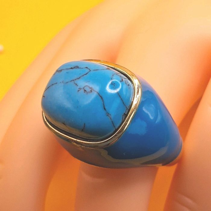 neuf idéal cadeau a tout petit prix grosse bague cabochon en acier inoxydable doré et turquoise - photo numéro 3
