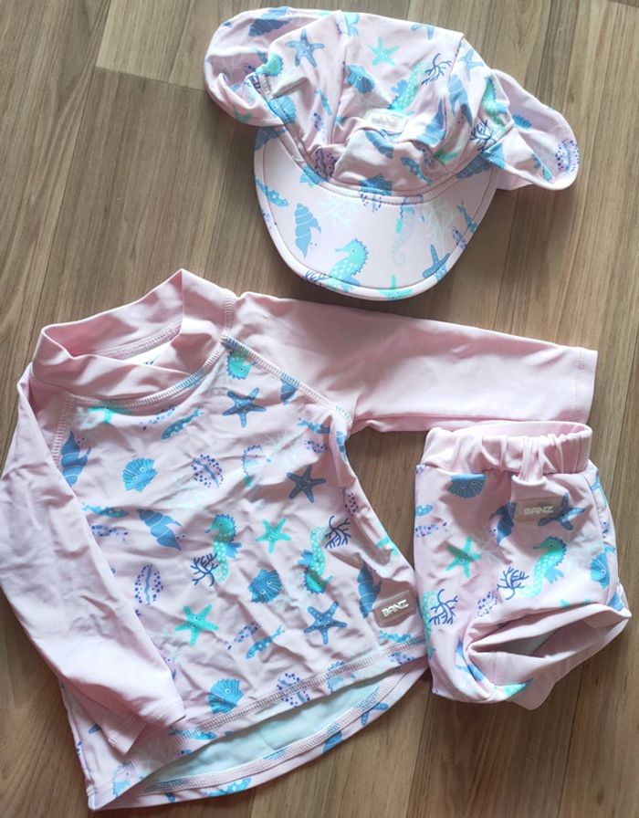 Ensemble 3 pièces Banz anti uv 12 mois tee shirt manches longues culotte maillot couche casquette
