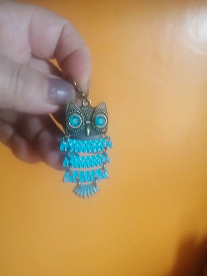 🌸Boucles d'oreille articulées hibou bleu "Vintage" 🌸 - photo numéro 5