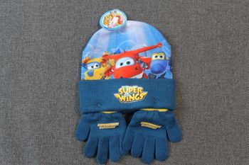 ensemble super wings bonnet et gants bleu