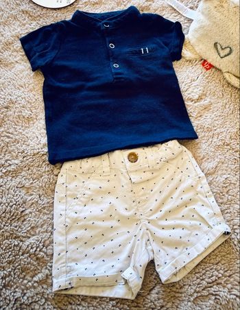 Ensemble bébé polo bleu + short blanc 3 mois