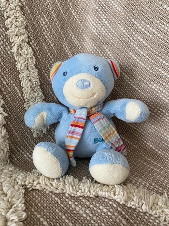 Peluche doudou 15cm babysun ours bleu blanc écharpe rayé rouge très bon état