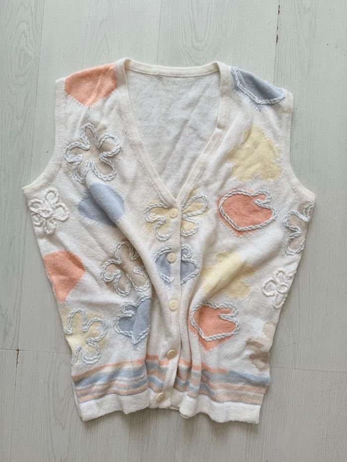 Pull Gilet sans manches vintage Flowers fleurs brodées - photo numéro 4