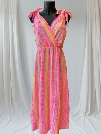 Magnifique robe longue d’été gaz de coton rose rayés orange jaune grande taille 42-46