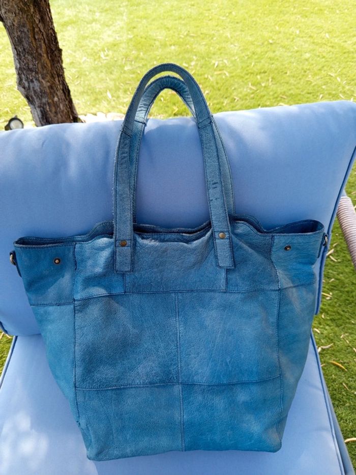 Sac cabas cuir bleu Pièces - photo numéro 5