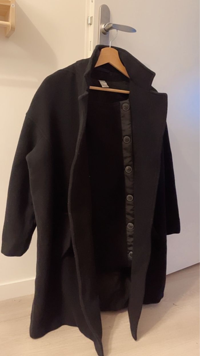 Manteau mi long noir avec ceinture - photo numéro 2