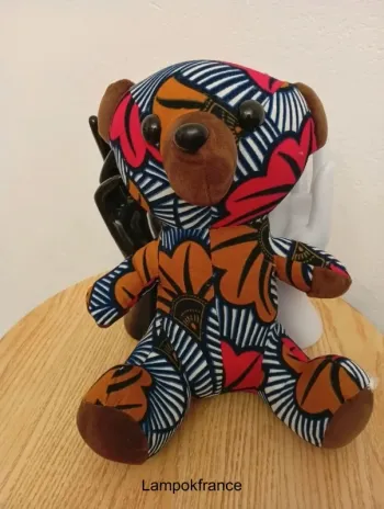 Doudou mosaïque ours en patchwork original en coton naturel africain vintage peluche teddy bear