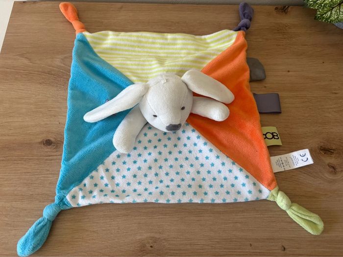 Doudou plat lapin bleu orange étoiles obaibi - photo numéro 2