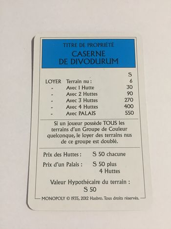 Carte Caserne de divodurum pièce jeu de société Monopoly le tour de Gaule d'Astérix Hasbro #A53