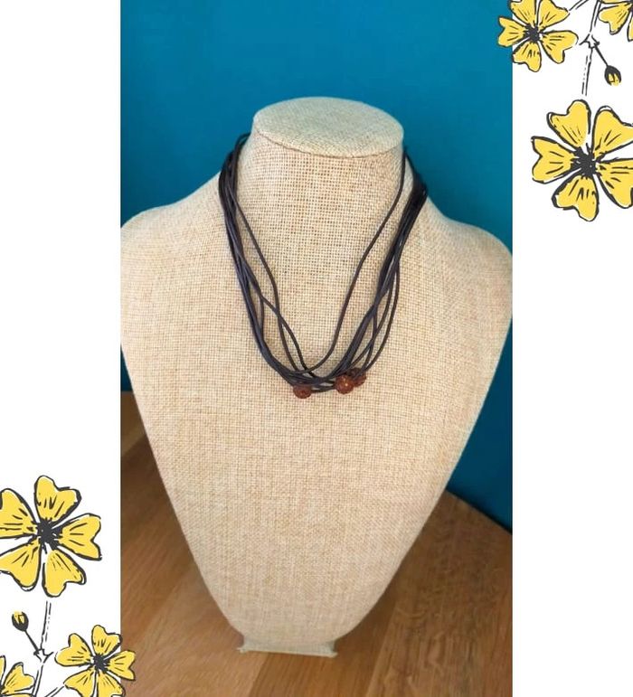 Collier multi-rangs cuir et perles strassées - Collection Sable & Ébène - photo numéro 5