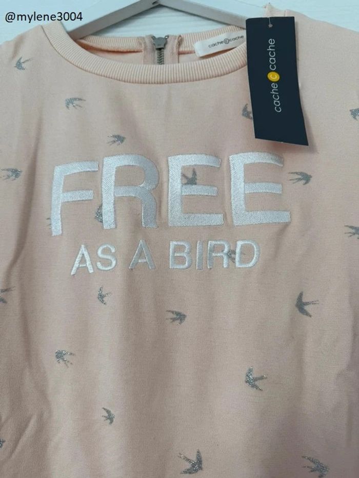 Sweat rose abricot motifs oiseaux et écritures à manches longues et fermeture éclair dos - photo numéro 3