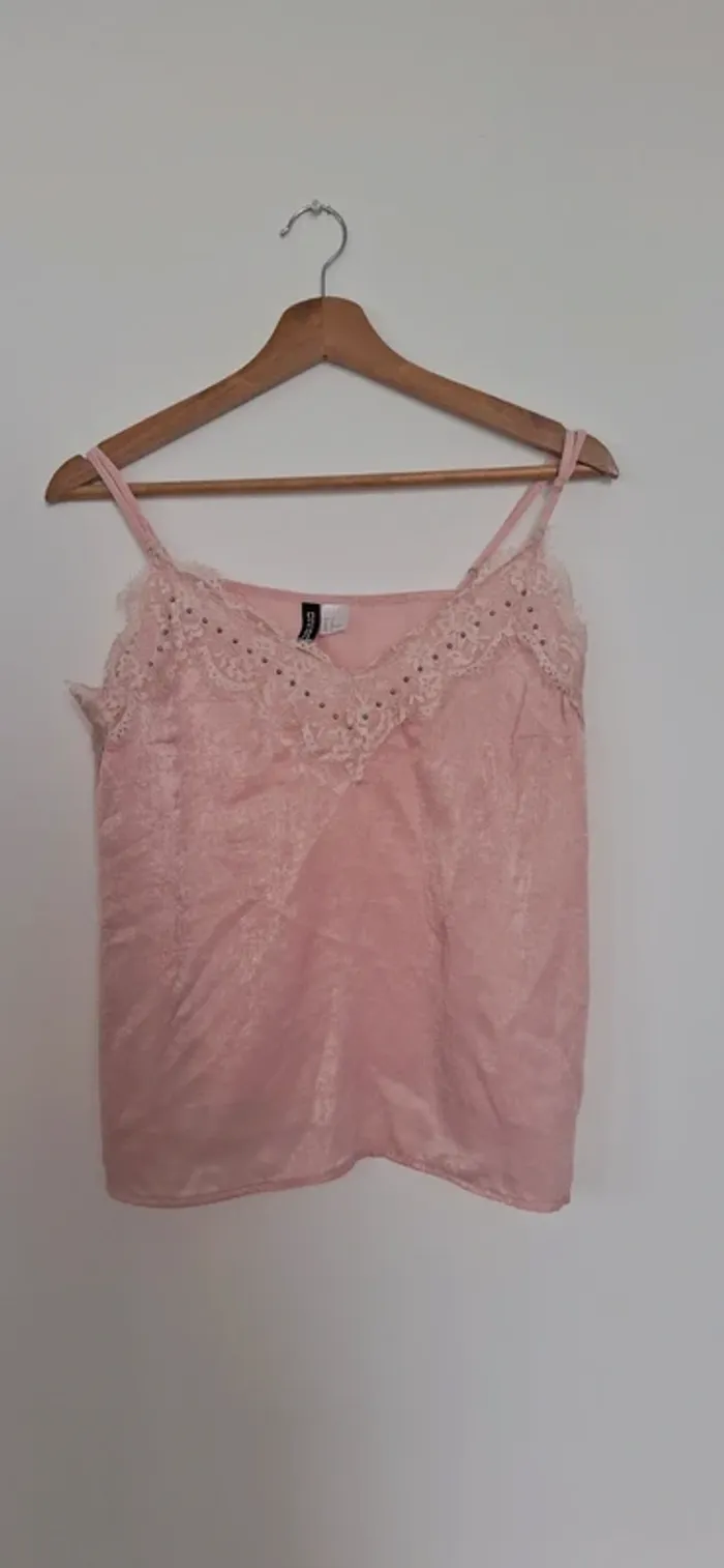 Caraco bohème chic rose effet soie – dentelle délicate - photo numéro 2
