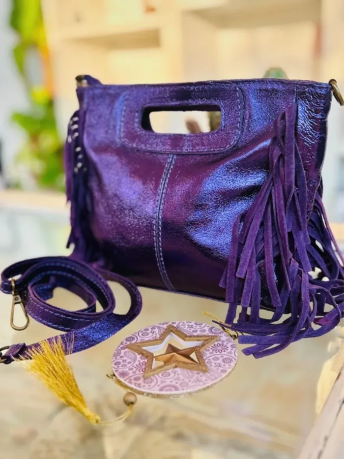 Sac bohème cuir violet irisé avec bandoulière