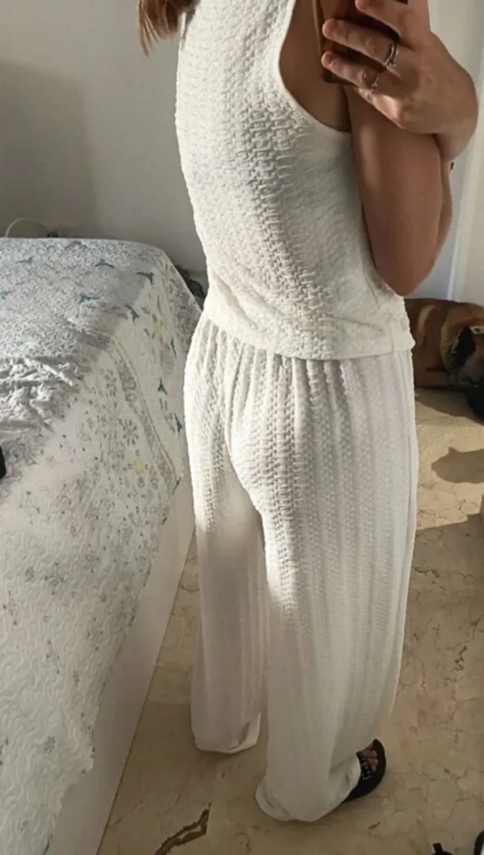 Ensemble Femme Deux Pièces Blanc Gaufré Bohème - Taille XL Neuf Jamais Porté - photo numéro 2