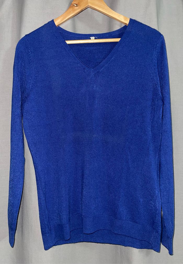 Pull col V bleu marine femme