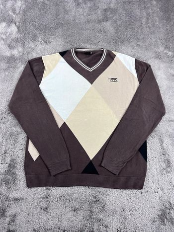 Pull Sweat col V Vintage Airness Marron Beige à Losanges 100% Coton Taille XL