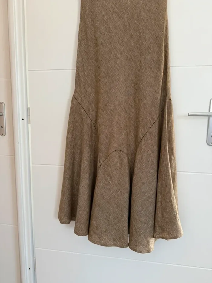 Robe longue marron bretelles été volant zip midi woman donna mujer 40 lin taupe Kleid dress Vestido - photo numéro 6