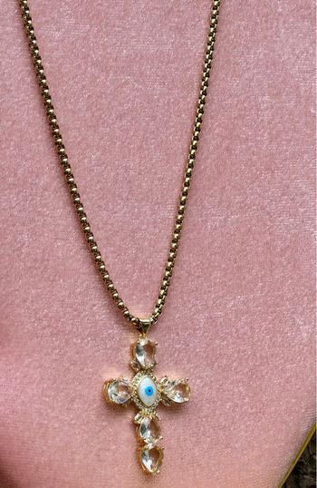 Collier habaha Paris chaîne épaisse réglable grosse croix œil bleu gros cristaux