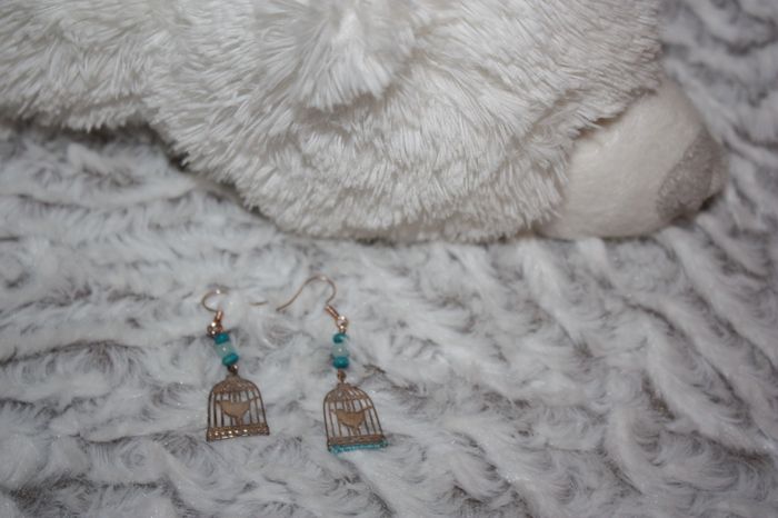 Boucle oreille pendante cage oiseau bleu - photo numéro 3