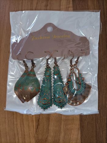 Lot 3 paires boucles d'oreilles bronze et bleu pendantes