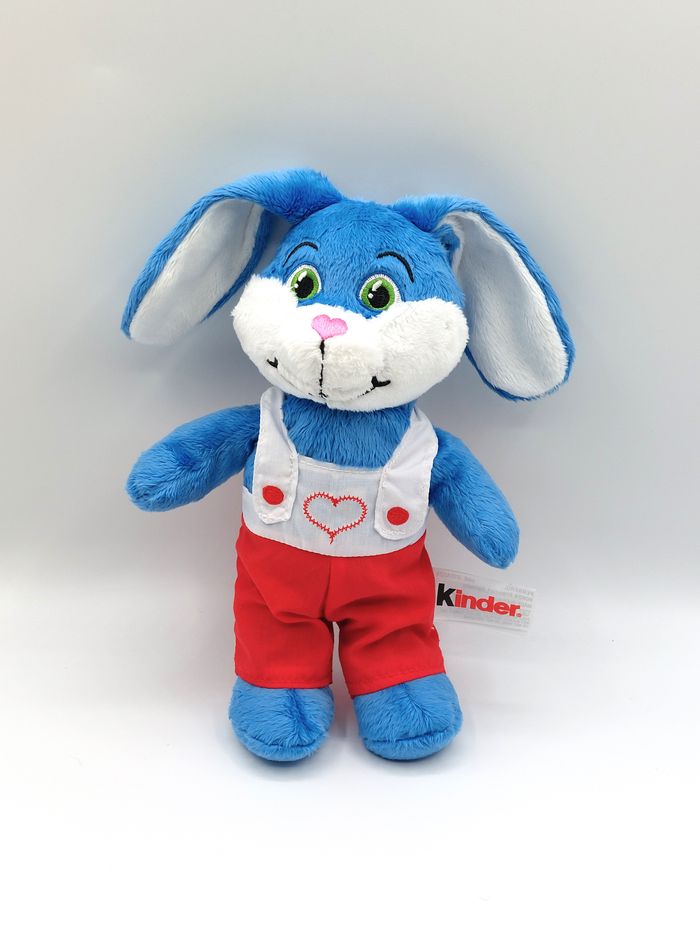 Peluche doudou lapin bleu blanc KINDER salopette rouge cœur brodé yeux verts
