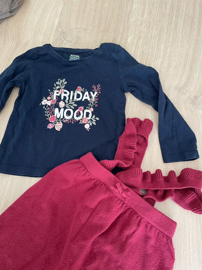 Ensemble t shirt bleu marine fleuri et jupe salopette en maille bordeaux fille taille 3 ans 36 mois - photo numéro 4