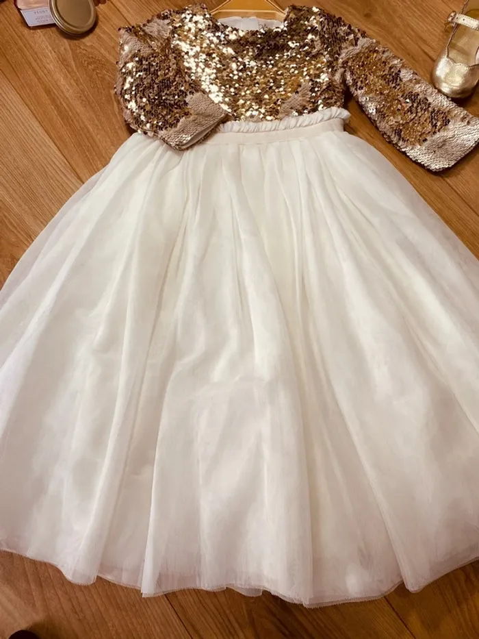 Taille 3-4 ans Robe longue créateur fille TAO blanche doré * tulle sequins réversibles * 🪷 - photo numéro 6