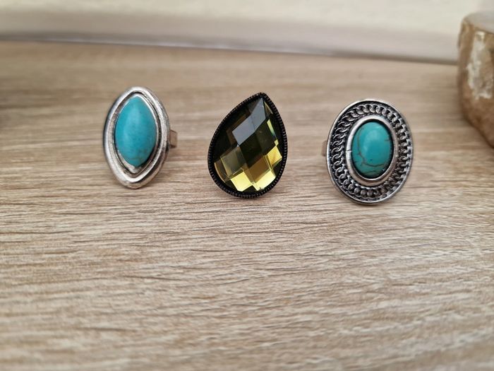 Lot 3 Bagues Réglables Argentées Turquoise Strass - photo numéro 6