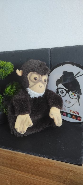 doudou marionnette singe gorille marron brun beige ancien vintage rond Blanc