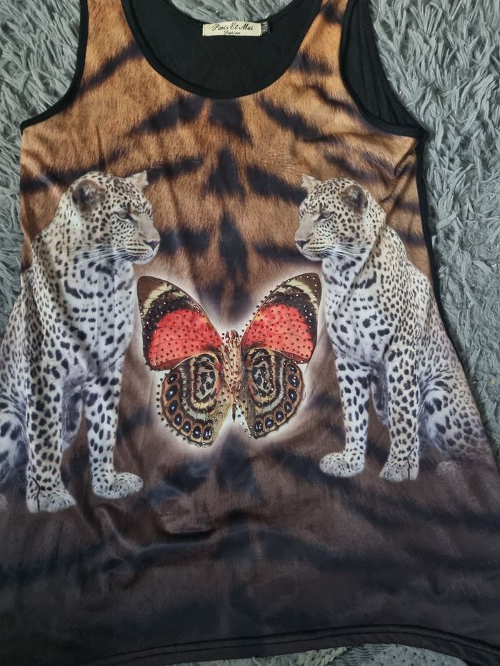 Débardeur imprimé tigre et papillon avec strass taille S-M - photo numéro 4