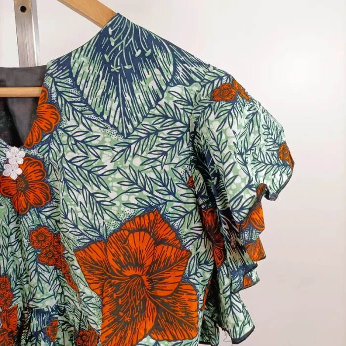 Top court volanté Wax imprimé fleuri tropical vert orange manches courtes A1458 - photo numéro 3