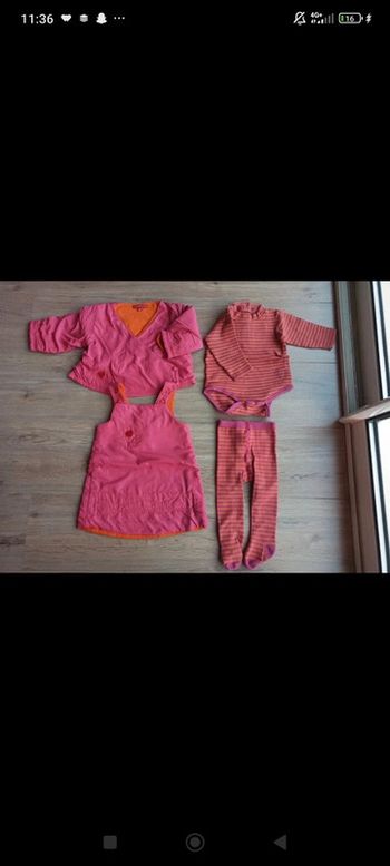 Ensemble tenue bébé 6 mois rose et orange veste/gilet rose robe rose body a rayures collant