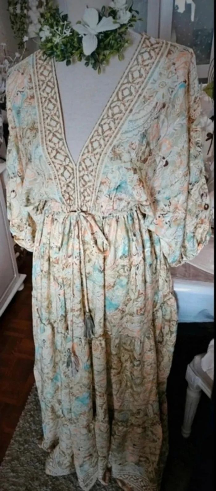 Robe bohème longue en soie vert multicolore Taille 40 Neuve - photo numéro 3