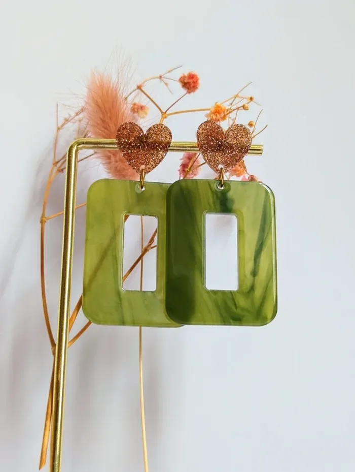 Boucles d'oreilles pendantes rectangulaires coeur bicolores