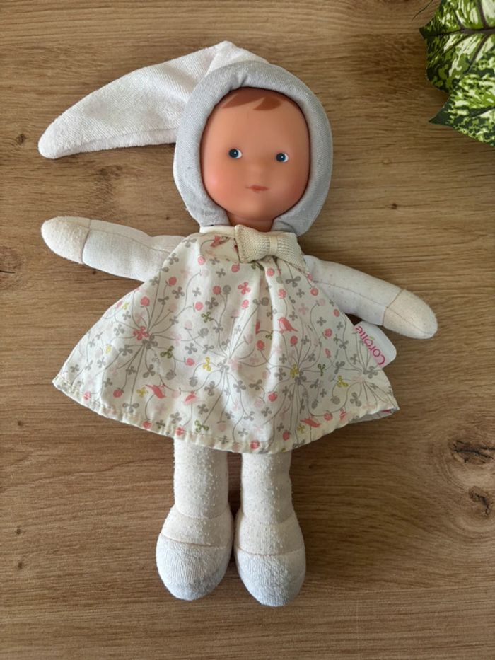 Doudou poupée beige gris robe fleurs oiseau corolle - photo numéro 2