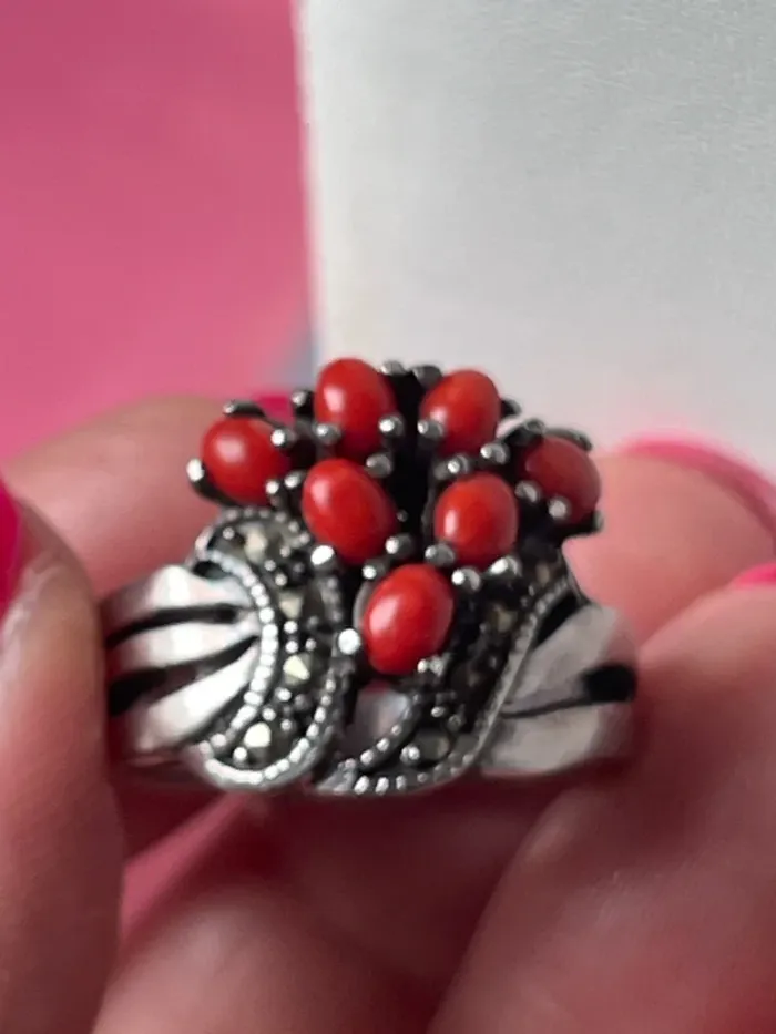 Bague ancienne en argent et corail rouge - photo numéro 7