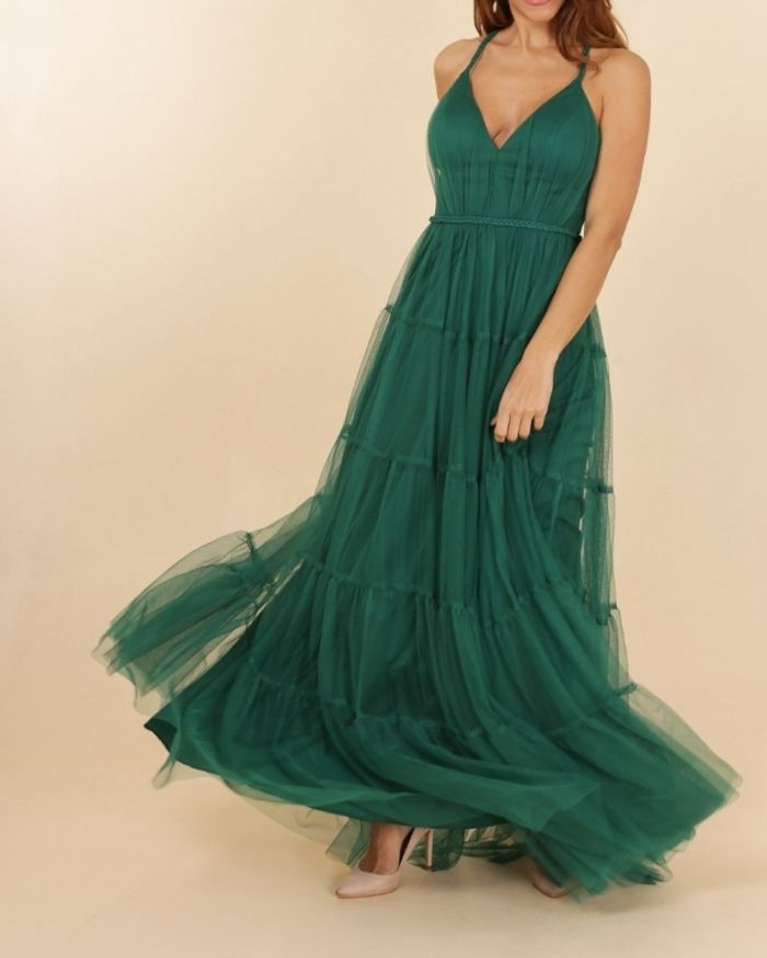 robe ceremonie volanté bretelle tressées vert emeraude taille 38 - photo numéro 4