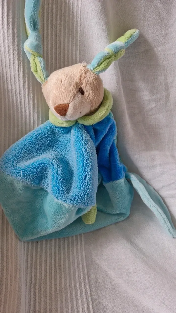 Doudou plat lapin  vert et bleu Maxita - photo numéro 5