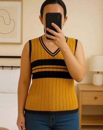 Pull sans manches vintage – Moutarde et noir – Taille 52/54