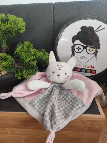 Doudou plat chat Mots d'enfants rose gris blanc Leclerc lapin un hiver très Doux